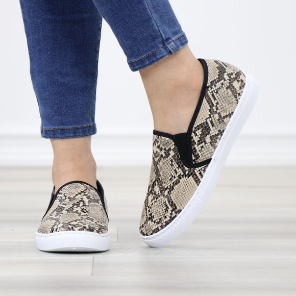 Snakeskin Slip On Sneakers White Sole Faux Leather - Picture 12 of 14